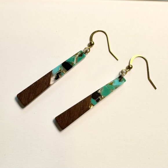 Handmade Retro Walnut Gold Leaf Turquoise Black Resin Boho Trapezoid Earrings - Picture 4 of 6